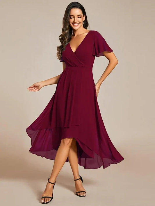 Women's Elegant Flutter Sleeve Midi Wedding Guest Dress with V-Neck