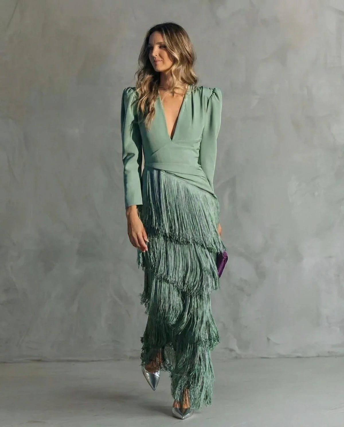 Women's Elegant Formal Maxi Wedding Guest Dress with Fringe