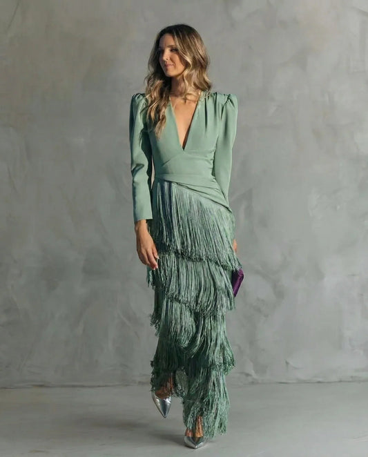 Women's Elegant Formal Maxi Wedding Guest Dress with Fringe