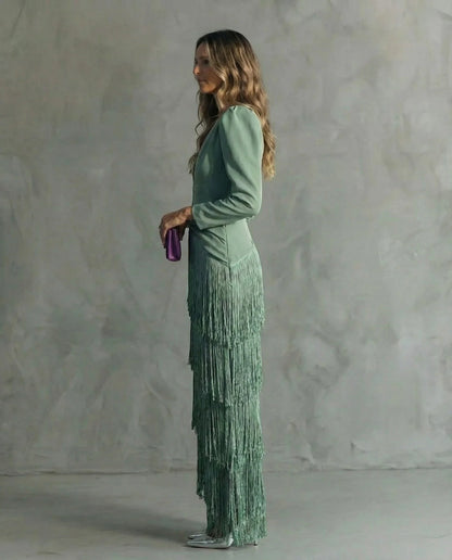 Women's Elegant Formal Maxi Wedding Guest Dress with Fringe