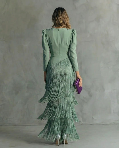 Women's Elegant Formal Maxi Wedding Guest Dress with Fringe