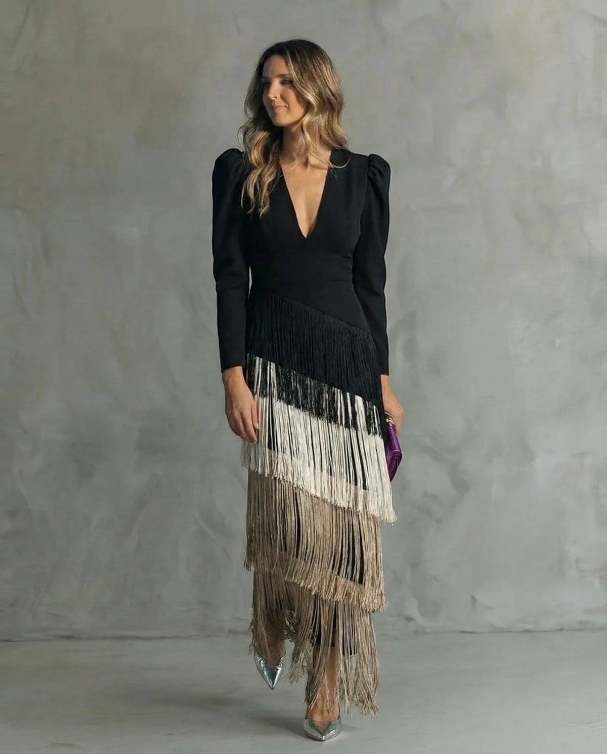 Women's Elegant Formal Maxi Wedding Guest Dress with Fringe