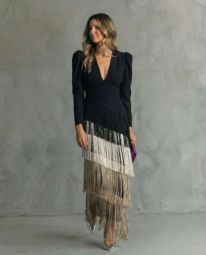 Women's Elegant Formal Maxi Wedding Guest Dress with Fringe