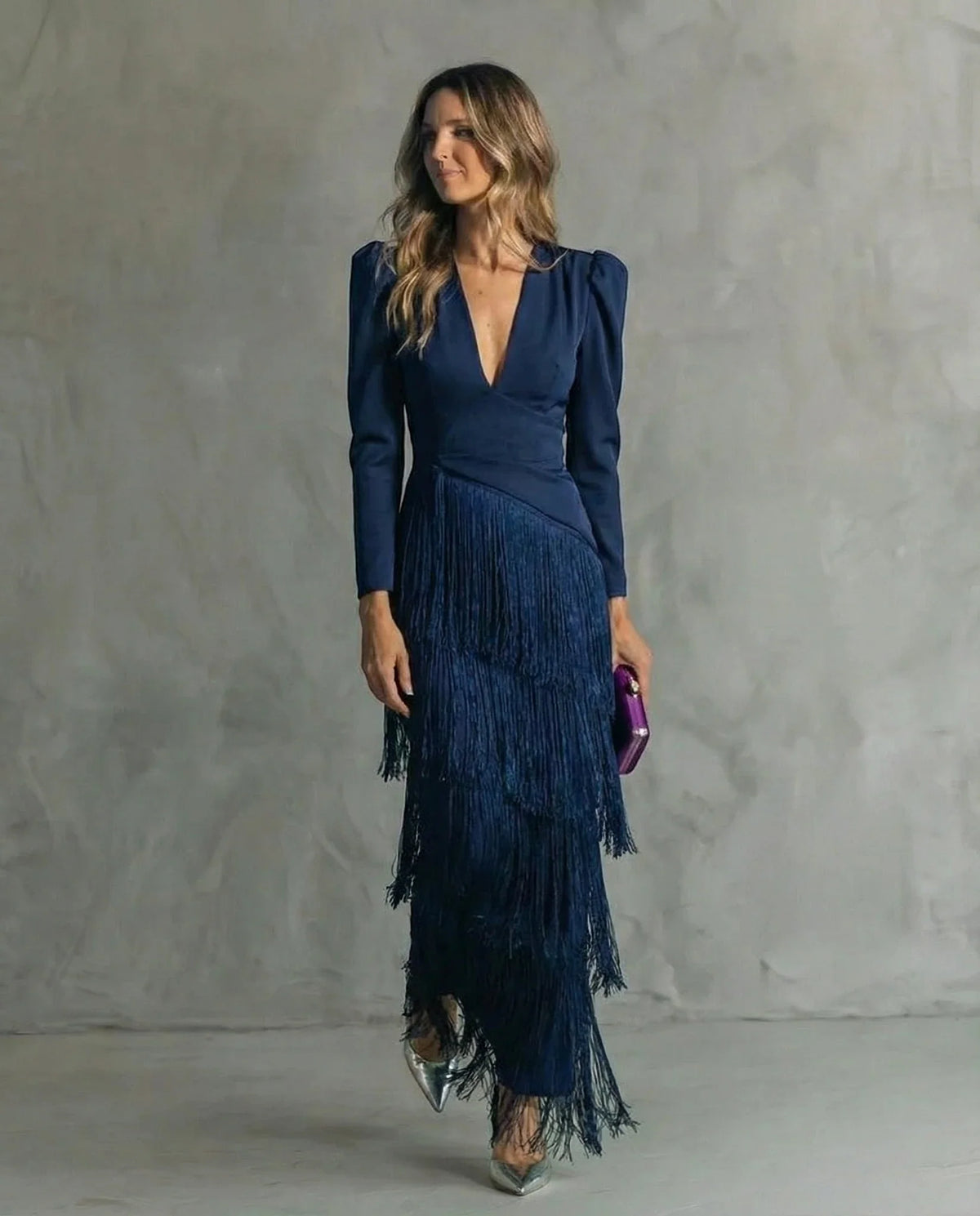 Women's Elegant Formal Maxi Wedding Guest Dress with Fringe