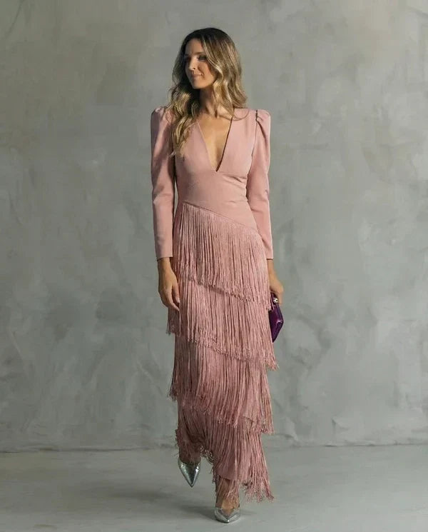 Women's Elegant Formal Maxi Wedding Guest Dress with Fringe