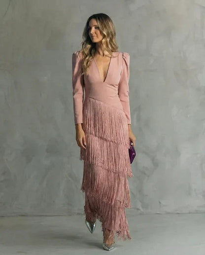 Women's Elegant Formal Maxi Wedding Guest Dress with Fringe