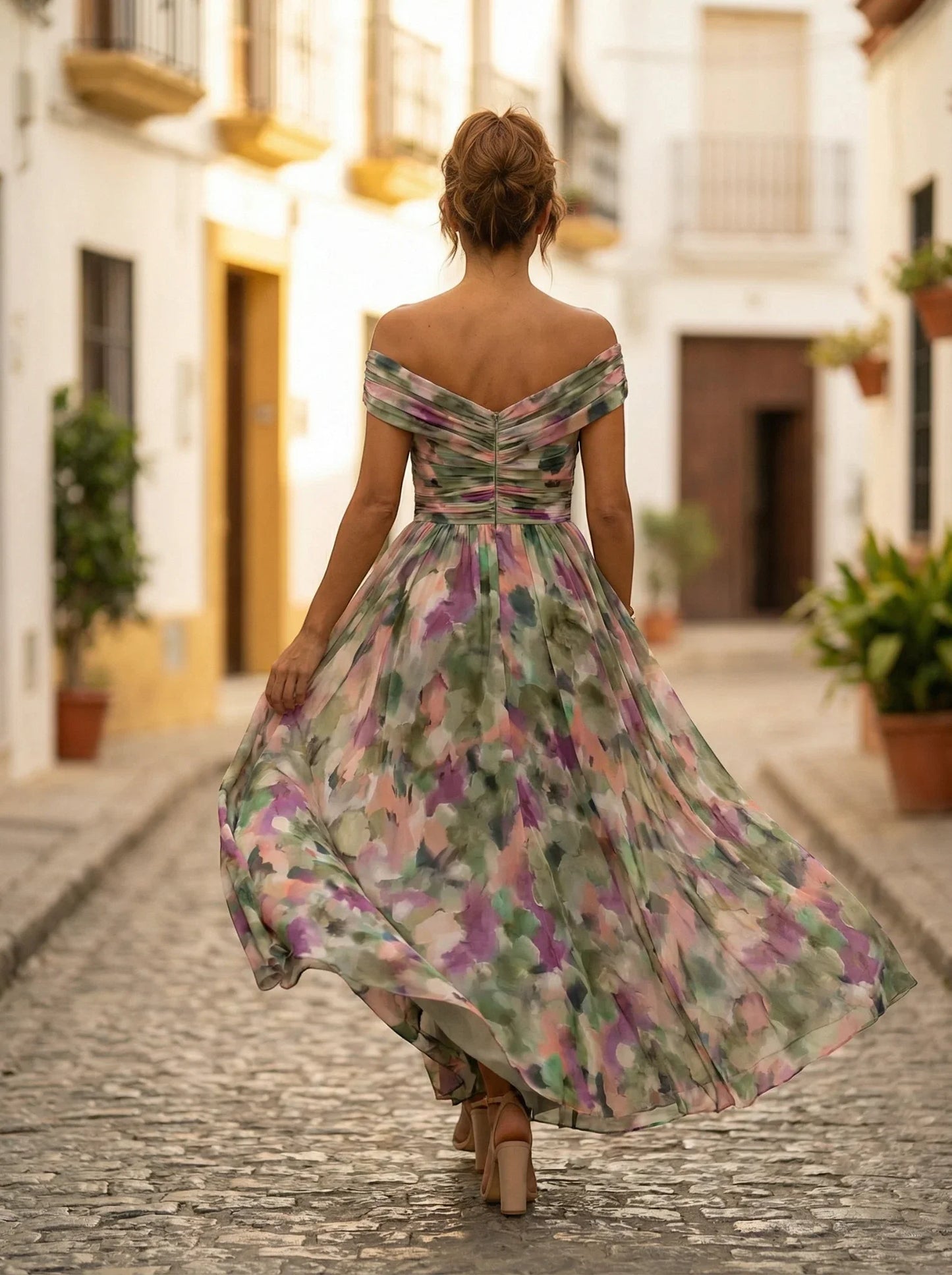 Women's Elegant Formal Maxi Wedding Guest Dress with Off Shoulder Neckline