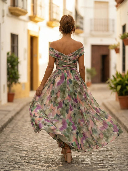 Women's Elegant Formal Maxi Wedding Guest Dress with Off Shoulder Neckline