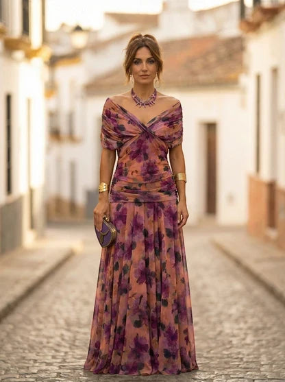 Women's Elegant Formal Maxi Wedding Guest Dress with Off Shoulder Neckline