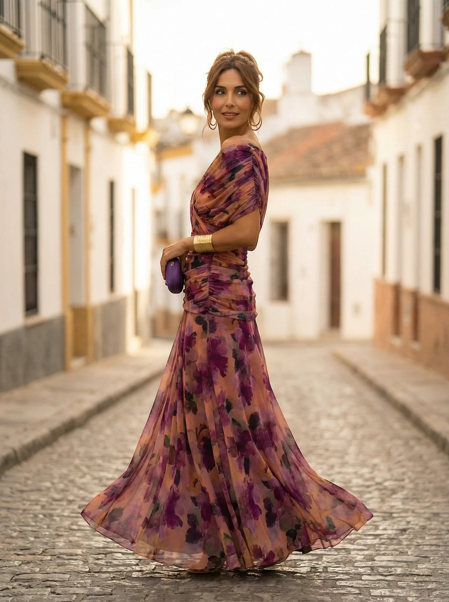 Women's Elegant Formal Maxi Wedding Guest Dress with Off Shoulder Neckline