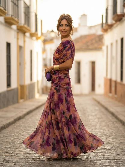 Women's Elegant Formal Maxi Wedding Guest Dress with Off Shoulder Neckline