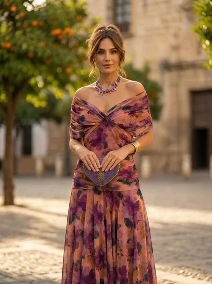 Women's Elegant Formal Maxi Wedding Guest Dress with Off Shoulder Neckline