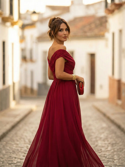Women's Elegant Formal Maxi Wedding Guest Dress with Off Shoulder Neckline