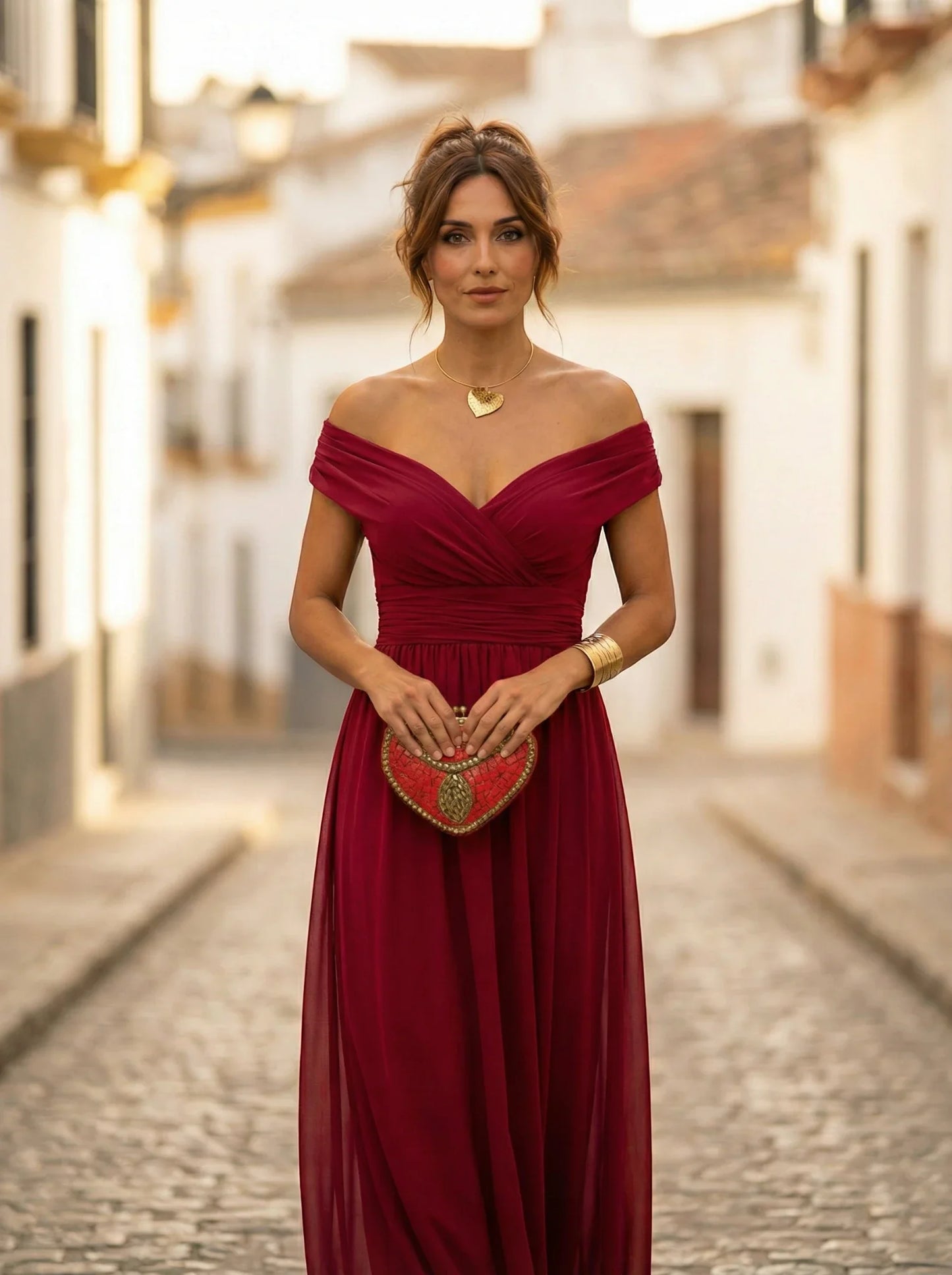 Women's Elegant Formal Maxi Wedding Guest Dress with Off Shoulder Neckline