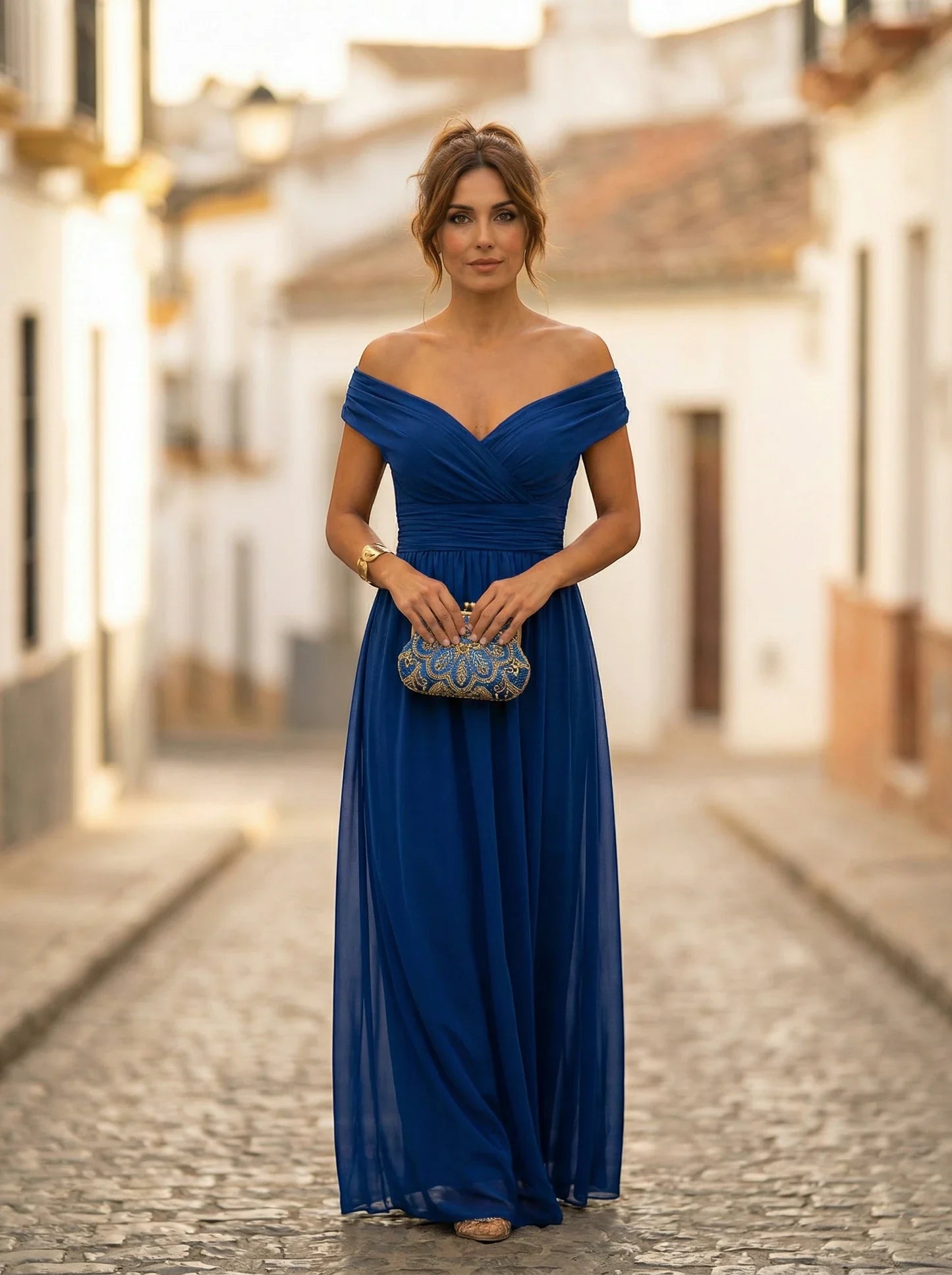 Women's Elegant Formal Maxi Wedding Guest Dress with Off Shoulder Neckline