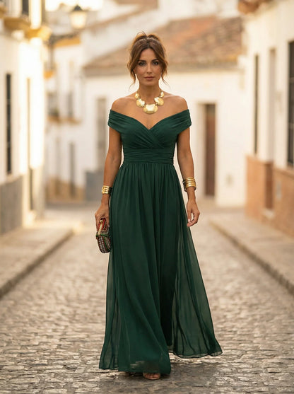 Women's Elegant Formal Maxi Wedding Guest Dress with Off Shoulder Neckline