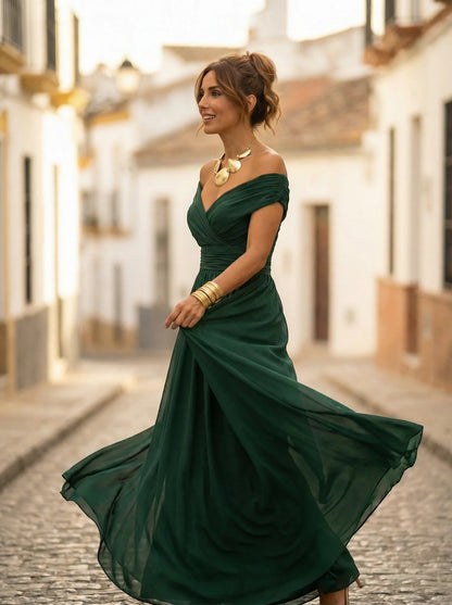 Women's Elegant Formal Maxi Wedding Guest Dress with Off Shoulder Neckline