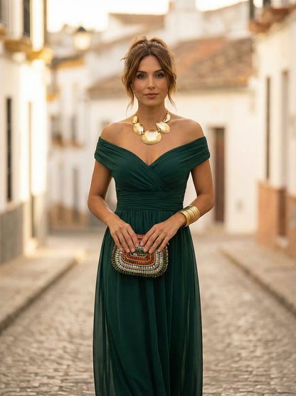 Women's Elegant Formal Maxi Wedding Guest Dress with Off Shoulder Neckline