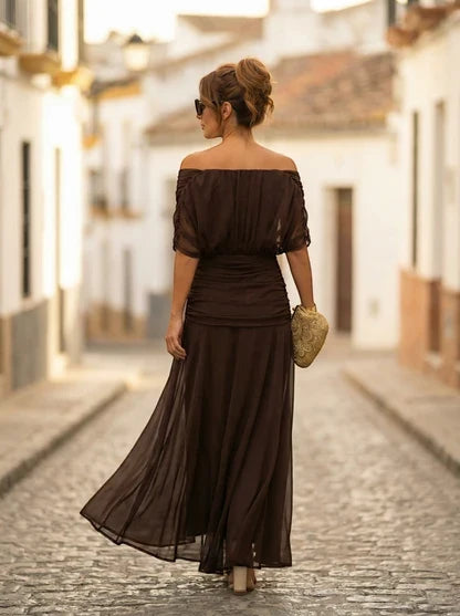 Women's Elegant Formal Maxi Wedding Guest Dress with Off Shoulder Neckline