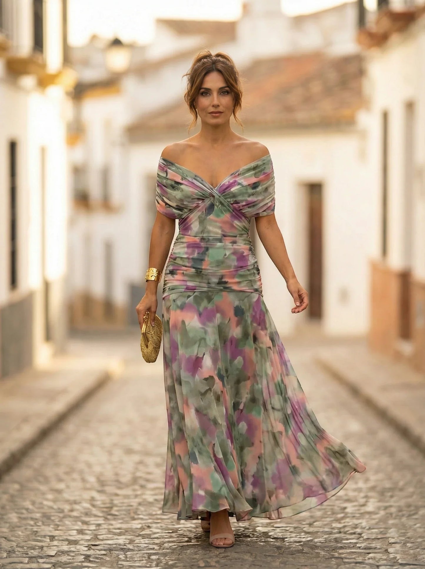 Women's Elegant Formal Maxi Wedding Guest Dress with Off Shoulder Neckline