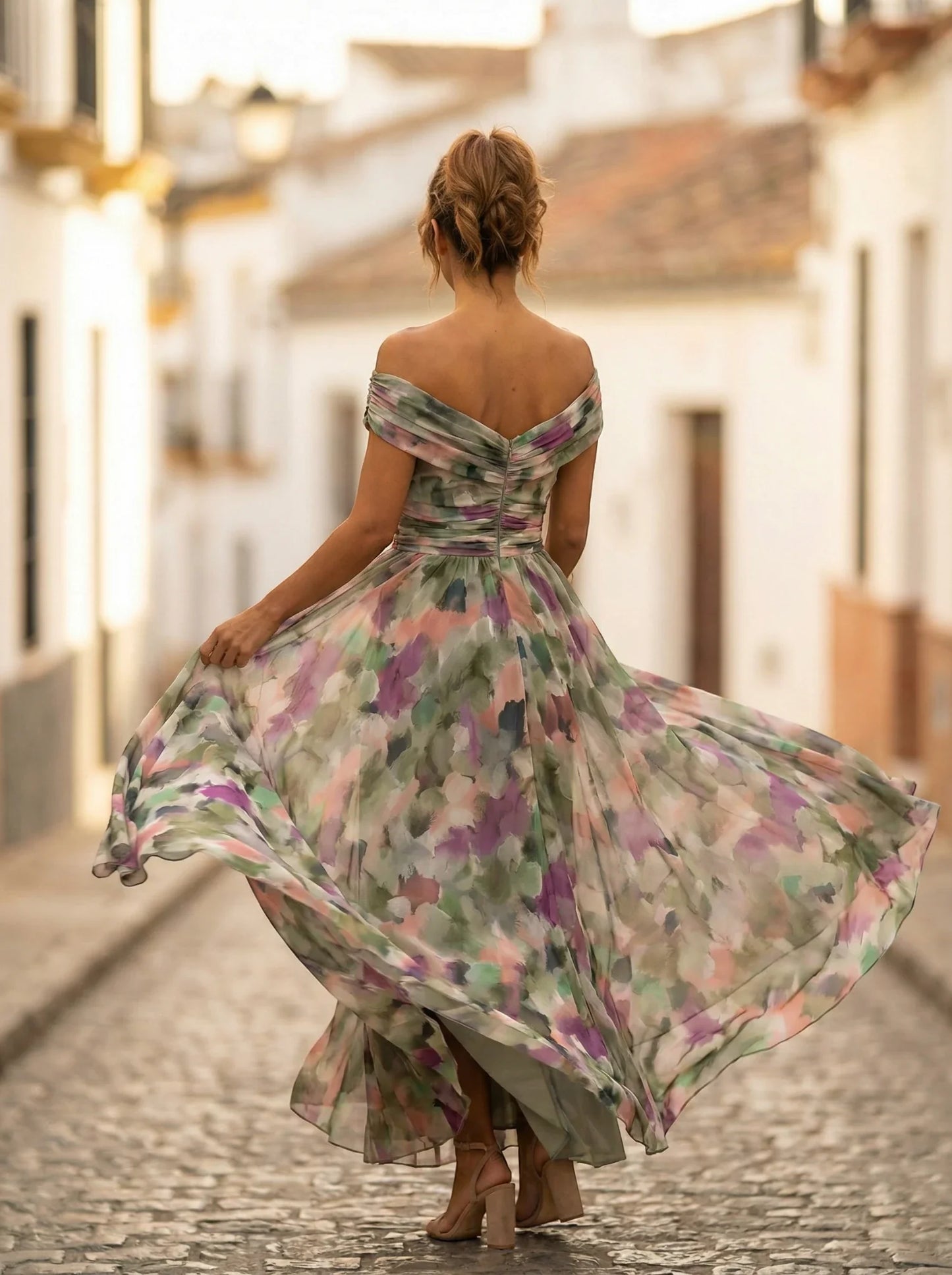 Women's Elegant Formal Maxi Wedding Guest Dress with Off Shoulder Neckline