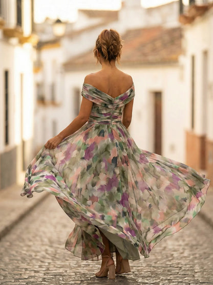 Women's Elegant Formal Maxi Wedding Guest Dress with Off Shoulder Neckline