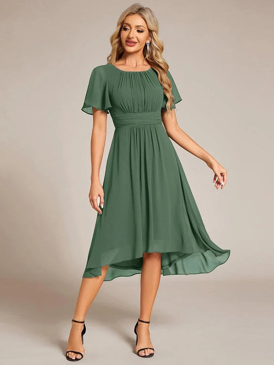 Women's Elegant Ruched Midi Wedding Guest Dress with Flutter Sleeve