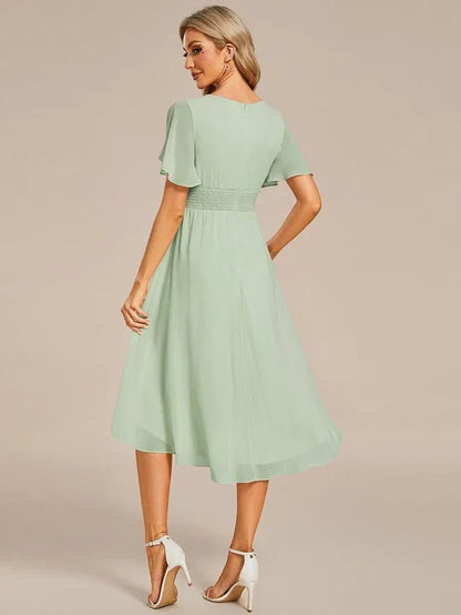 Women's Elegant Ruched Midi Wedding Guest Dress with Flutter Sleeve