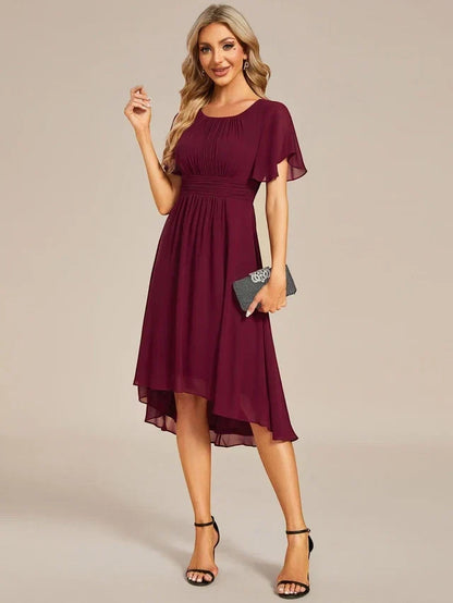 Women's Elegant Ruched Midi Wedding Guest Dress with Flutter Sleeve