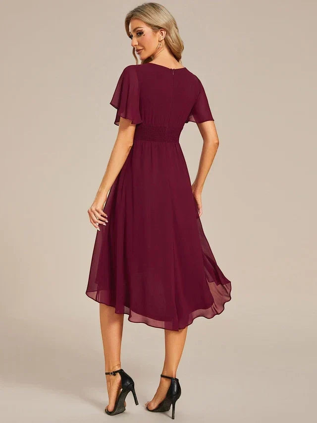 Women's Elegant Ruched Midi Wedding Guest Dress with Flutter Sleeve