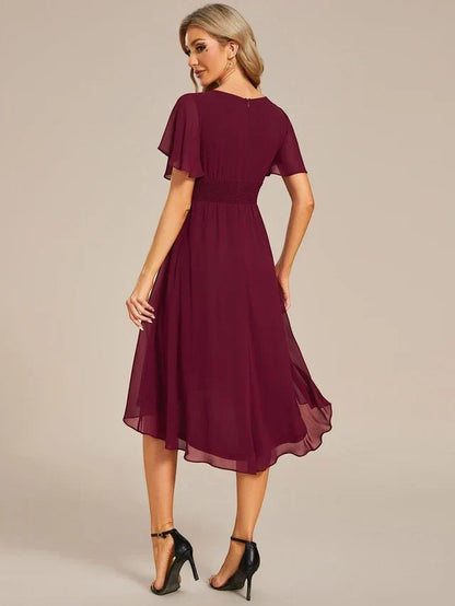 Women's Elegant Ruched Midi Wedding Guest Dress with Flutter Sleeve