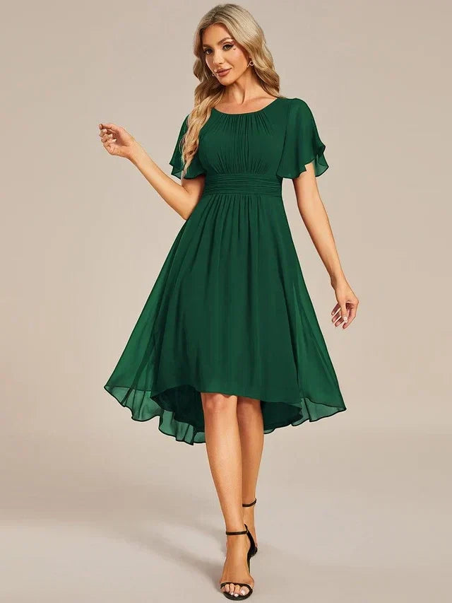 Women's Elegant Ruched Midi Wedding Guest Dress with Flutter Sleeve