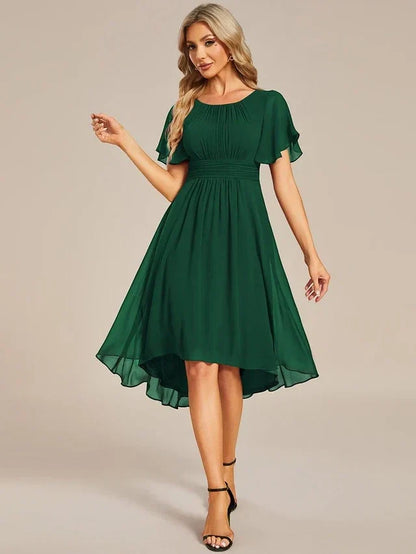 Women's Elegant Ruched Midi Wedding Guest Dress with Flutter Sleeve