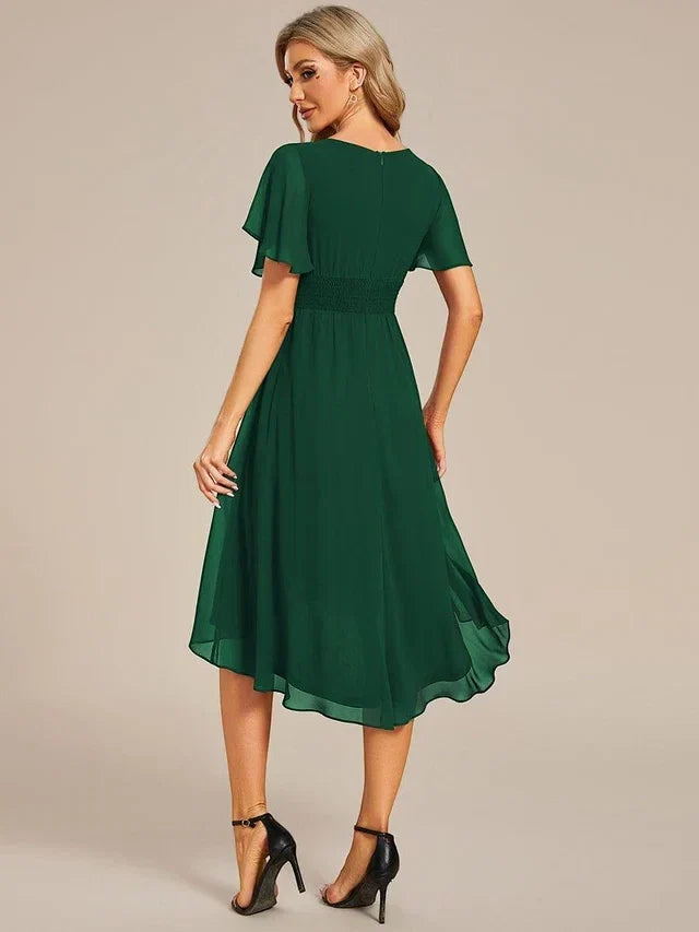 Women's Elegant Ruched Midi Wedding Guest Dress with Flutter Sleeve