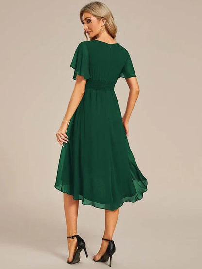 Women's Elegant Ruched Midi Wedding Guest Dress with Flutter Sleeve