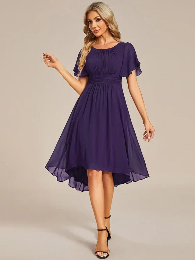 Women's Elegant Ruched Midi Wedding Guest Dress with Flutter Sleeve