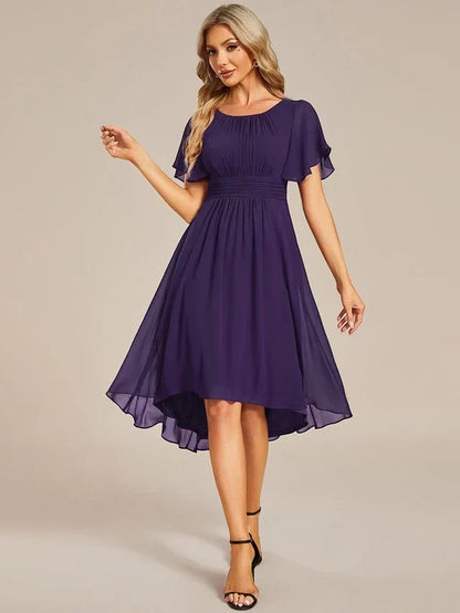 Women's Elegant Ruched Midi Wedding Guest Dress with Flutter Sleeve