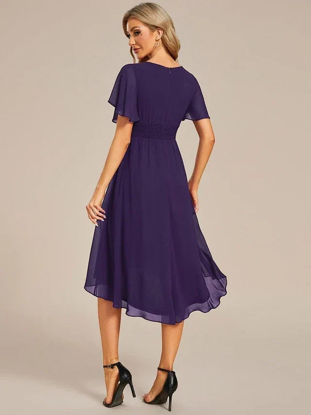 Women's Elegant Ruched Midi Wedding Guest Dress with Flutter Sleeve