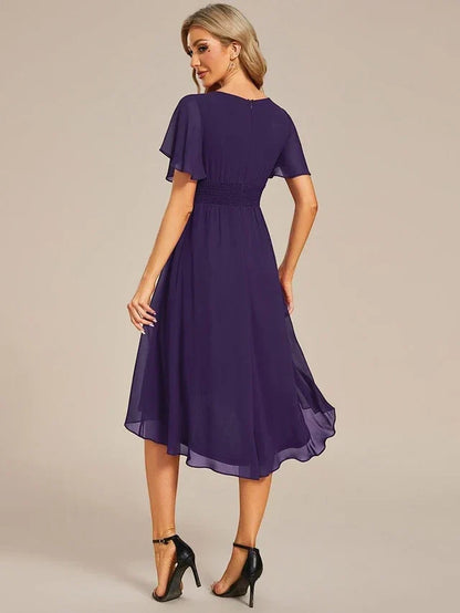 Women's Elegant Ruched Midi Wedding Guest Dress with Flutter Sleeve