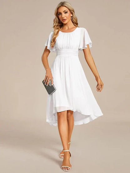 Women's Elegant Ruched Midi Wedding Guest Dress with Flutter Sleeve