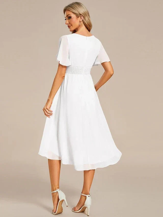Women's Elegant Ruched Midi Wedding Guest Dress with Flutter Sleeve