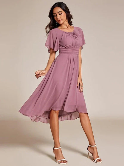 Women's Elegant Ruched Midi Wedding Guest Dress with Flutter Sleeve