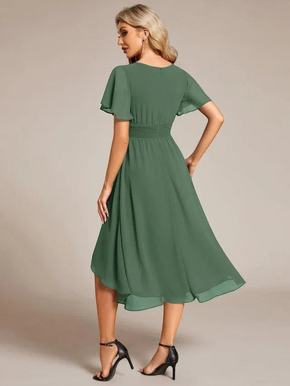 Women's Elegant Ruched Midi Wedding Guest Dress with Flutter Sleeve