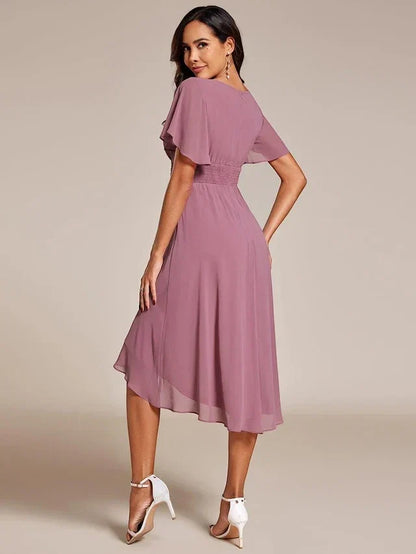 Women's Elegant Ruched Midi Wedding Guest Dress with Flutter Sleeve