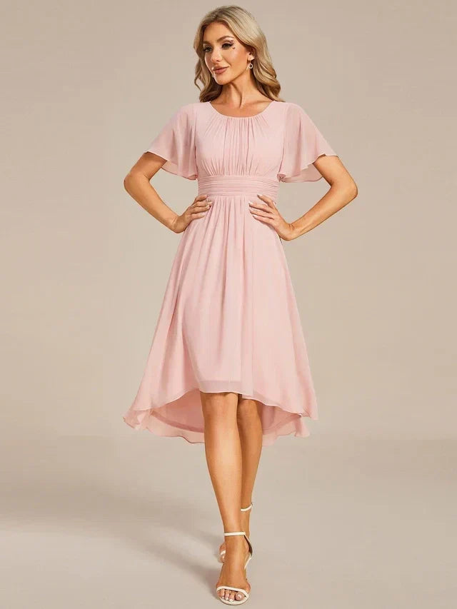 Women's Elegant Ruched Midi Wedding Guest Dress with Flutter Sleeve
