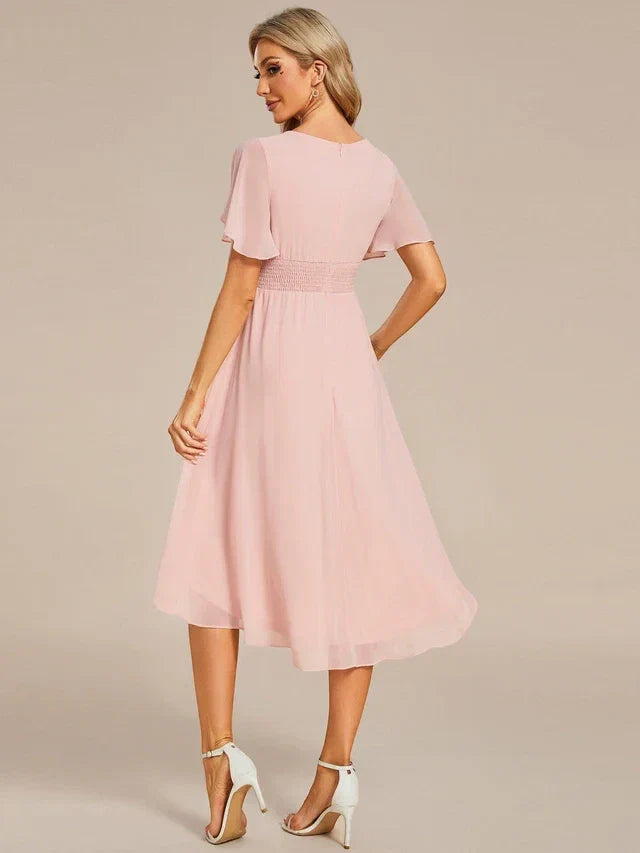 Women's Elegant Ruched Midi Wedding Guest Dress with Flutter Sleeve
