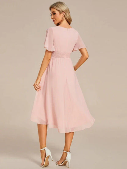 Women's Elegant Ruched Midi Wedding Guest Dress with Flutter Sleeve