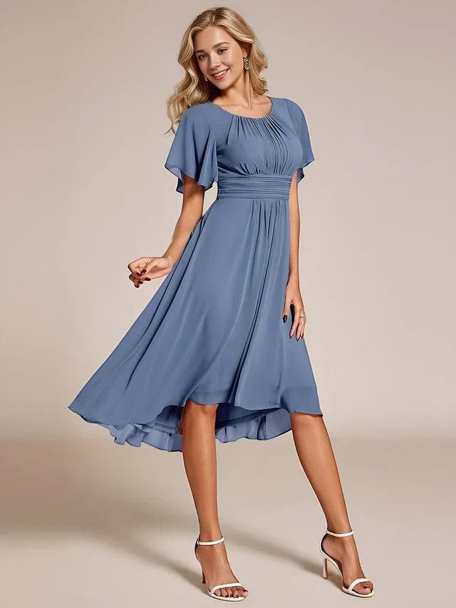 Women's Elegant Ruched Midi Wedding Guest Dress with Flutter Sleeve