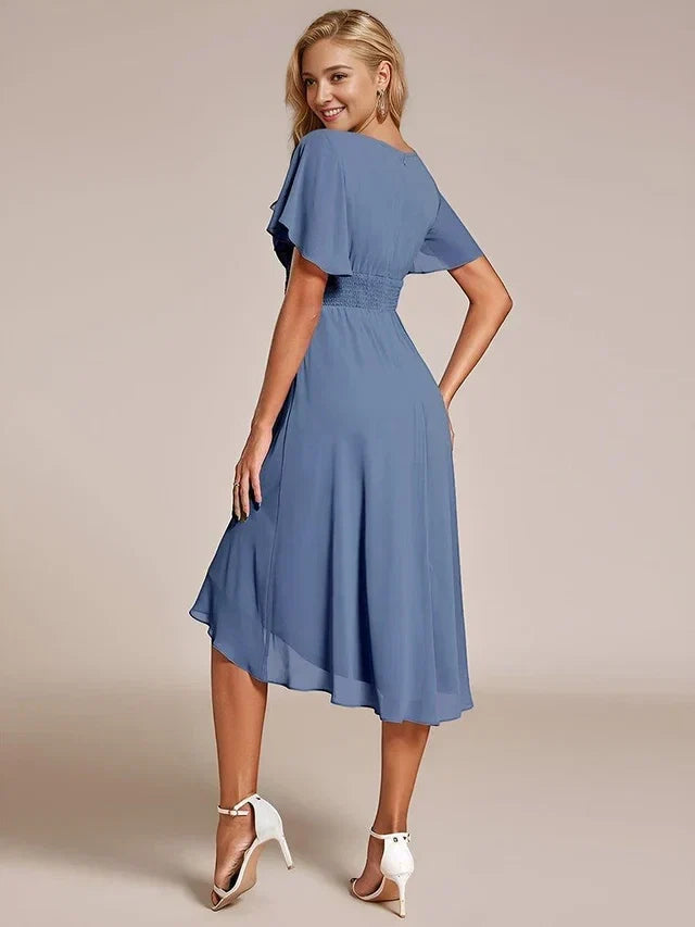 Women's Elegant Ruched Midi Wedding Guest Dress with Flutter Sleeve