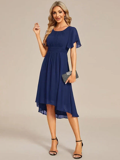 Women's Elegant Ruched Midi Wedding Guest Dress with Flutter Sleeve